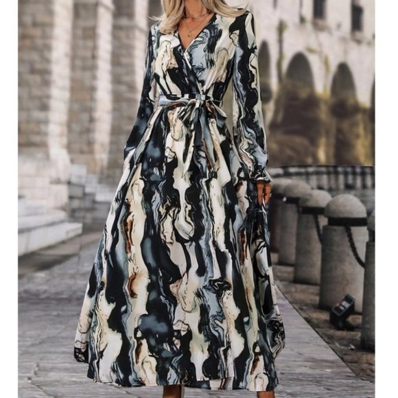 Belted Flounce Sleeve A-Line Marble Print maxi Dress - Picture 6 of 7